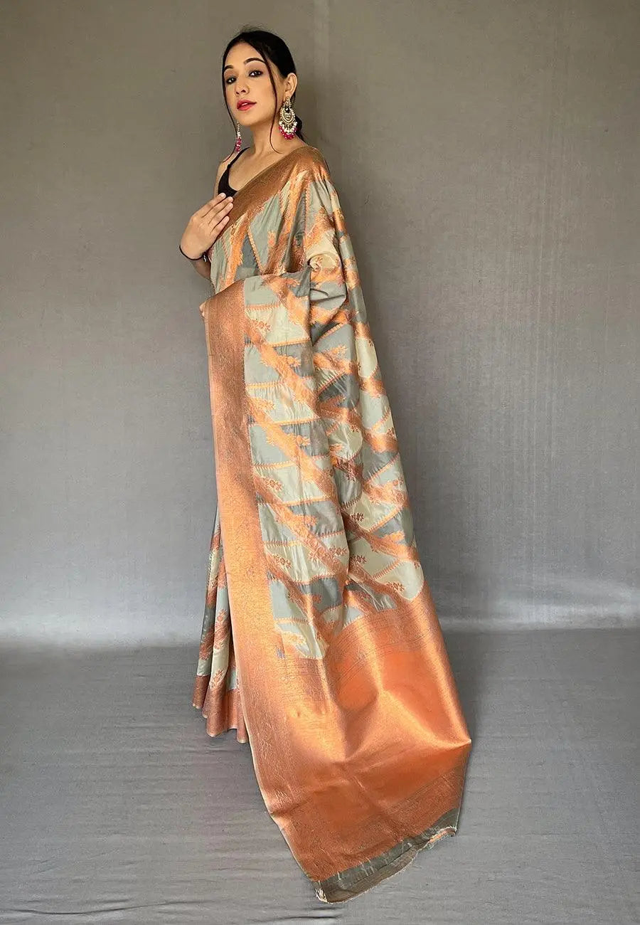 Grey Indrani Organza Copper Zari Woven Saree - Colorful Saree