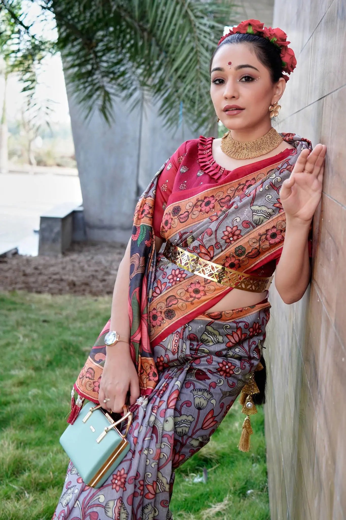 Grey Reshma Cotton Kalamkari Printed Saree - Colorful Saree