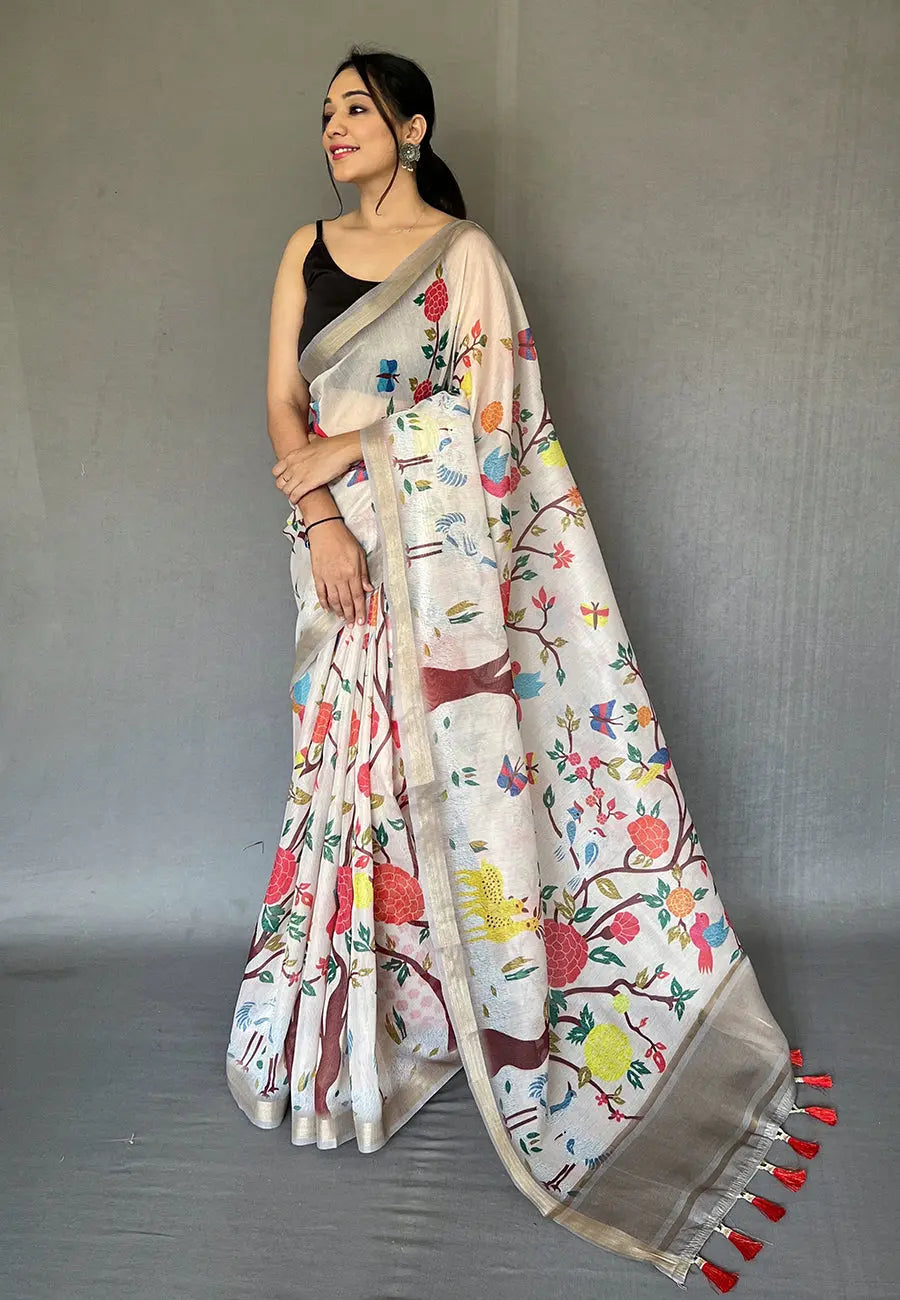 Grey Ruhi Tissue Silk Animal Printed Saree - Colorful Saree