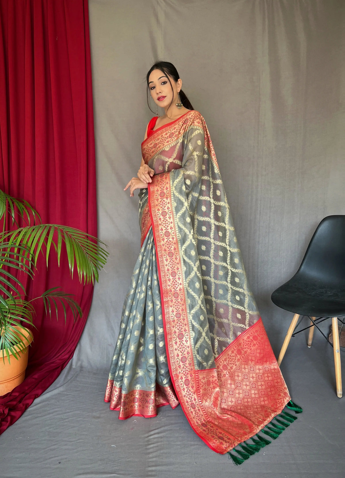 Grey Saree in Banarasi Woven Organza Silk - Colorful Saree