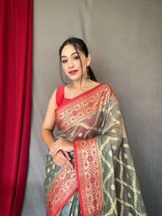 Grey Saree in Banarasi Woven Organza Silk - Colorful Saree