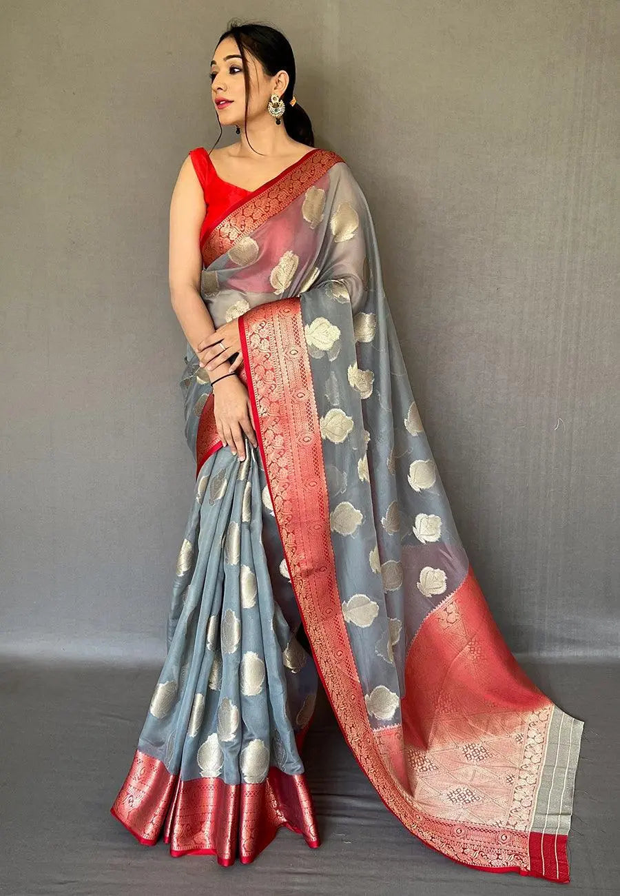 Grey Tejaswi Organza Contrast Zari Woven Saree - Colorful Saree