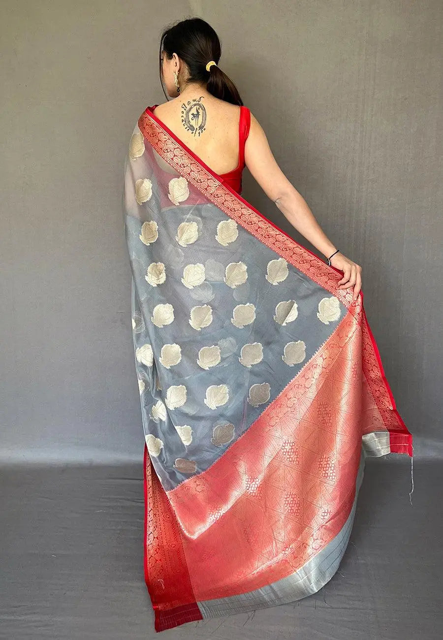 Grey Tejaswi Organza Contrast Zari Woven Saree - Colorful Saree