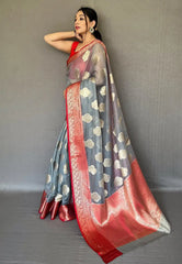 Grey Tejaswi Organza Contrast Zari Woven Saree - Colorful Saree