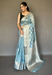 Greyish Blue Anandi Cotton Muslin Woven Saree - Colorful Saree