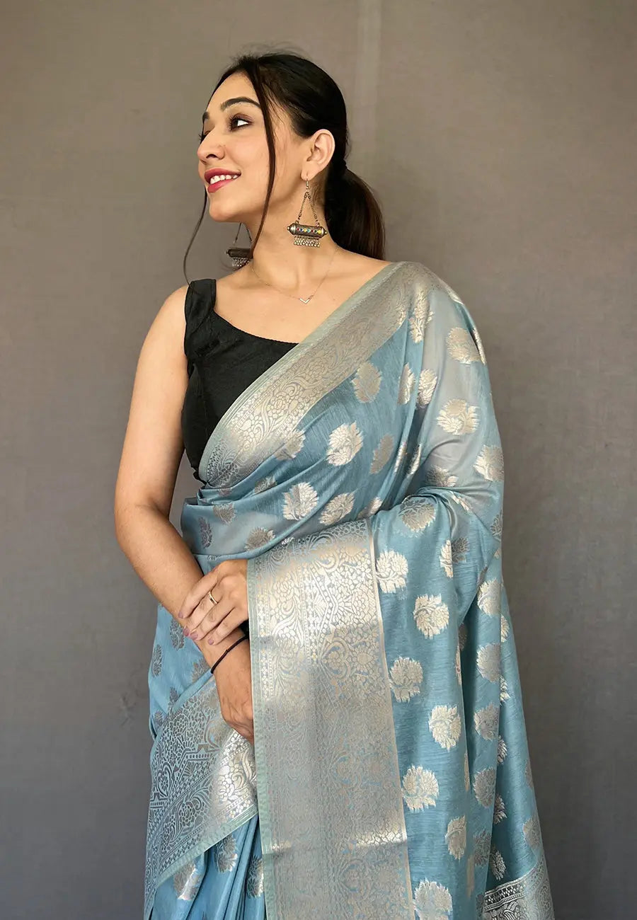 Greyish Blue Anandi Cotton Muslin Woven Saree - Colorful Saree