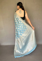 Greyish Blue Anandi Cotton Muslin Woven Saree - Colorful Saree