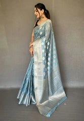 Greyish Blue Anandi Cotton Muslin Woven Saree - Colorful Saree