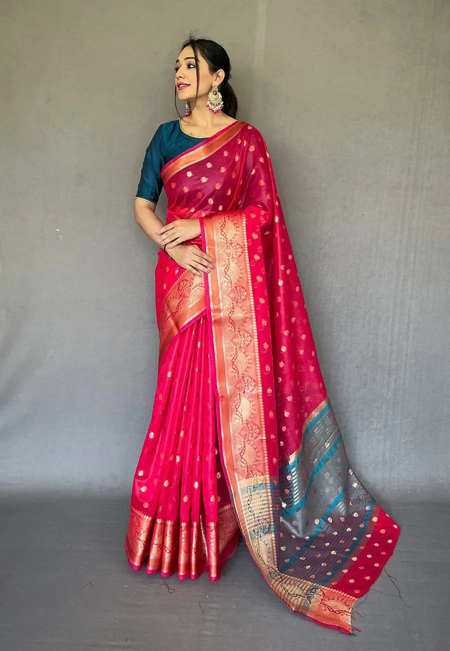 Hot Pink Maitri Organza Contrast Zari Woven Saree - Colorful Saree