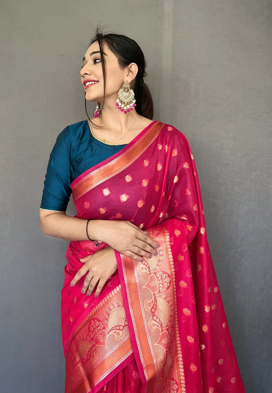 Hot Pink Maitri Organza Contrast Zari Woven Saree - Colorful Saree