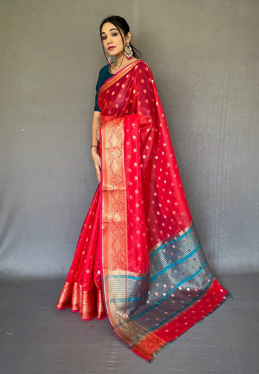 Hot Red Maitri Organza Contrast Zari Woven Saree - Colorful Saree