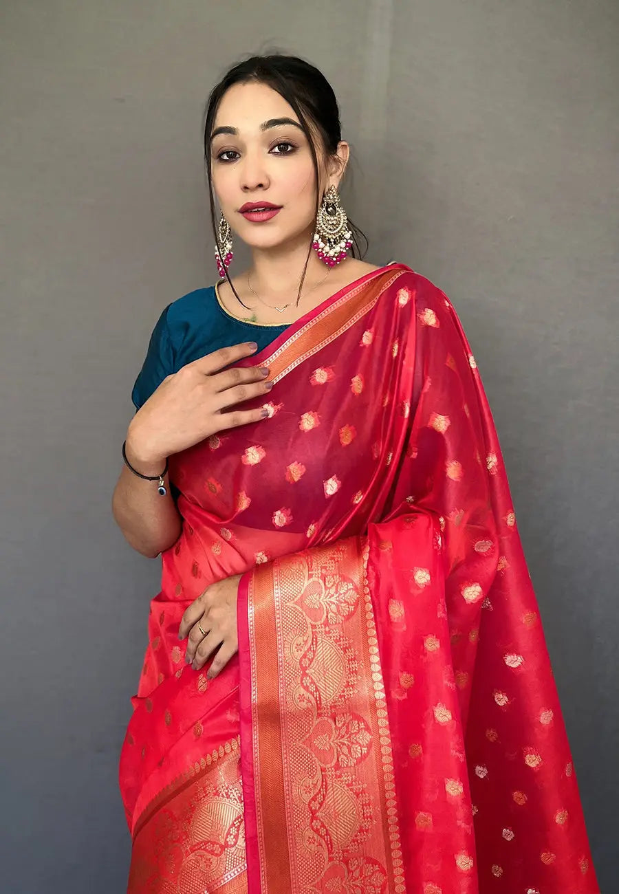 Hot Red Maitri Organza Contrast Zari Woven Saree - Colorful Saree