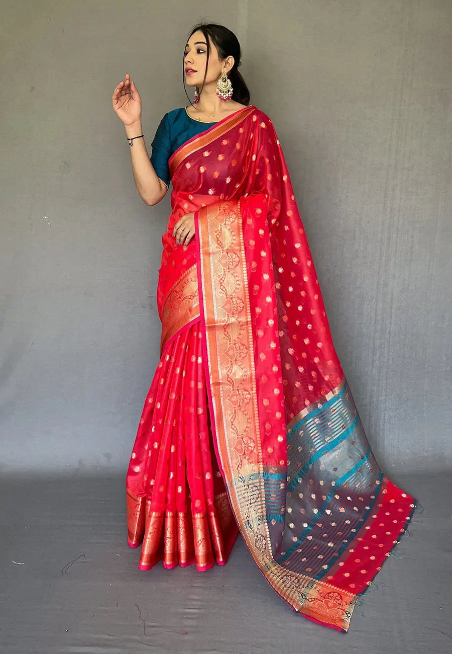 Hot Red Maitri Organza Contrast Zari Woven Saree - Colorful Saree