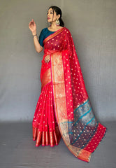 Hot Red Maitri Organza Contrast Zari Woven Saree - Colorful Saree