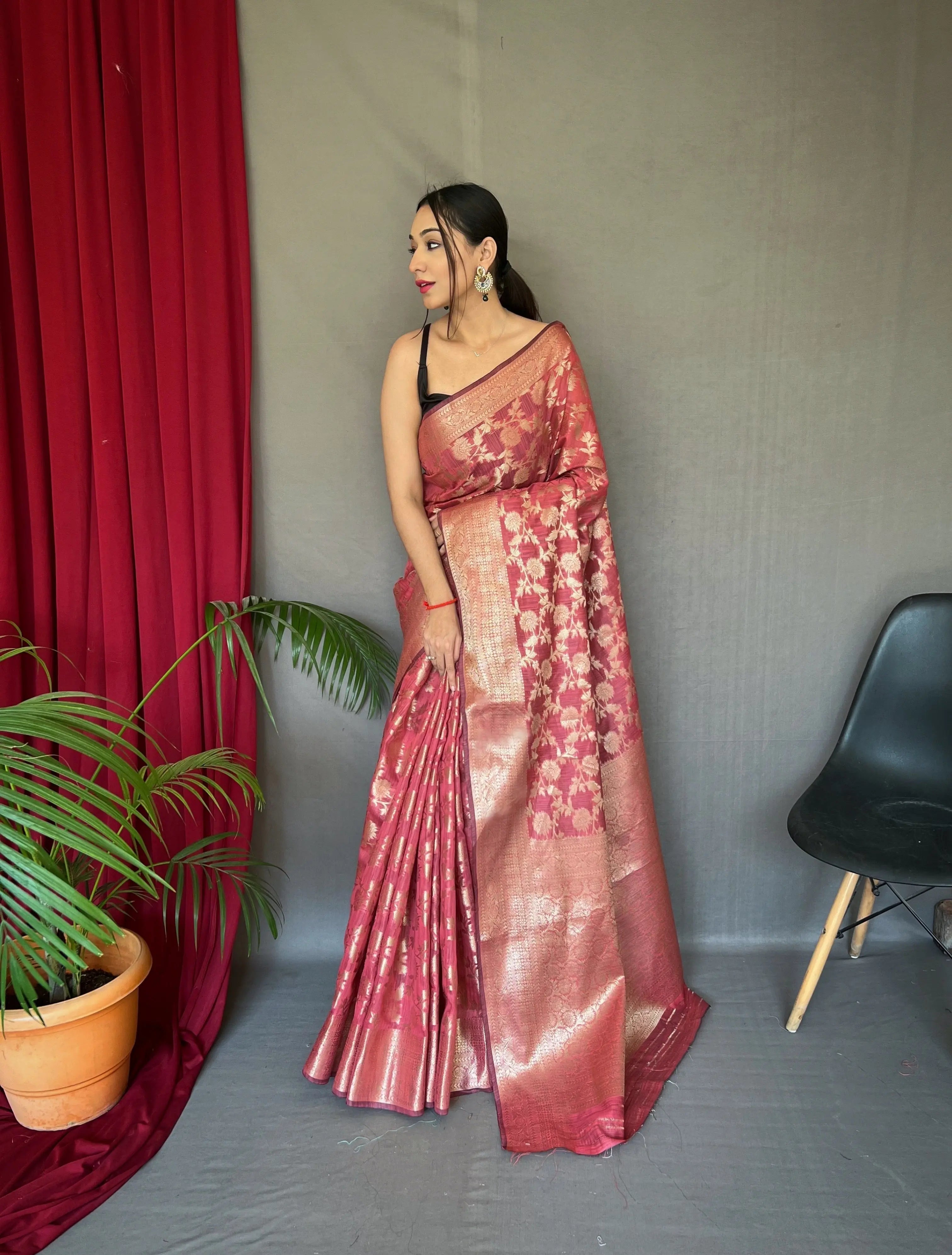 Indian Red Jhalak Cotton Linen Jaal Woven Saree - Colorful Saree