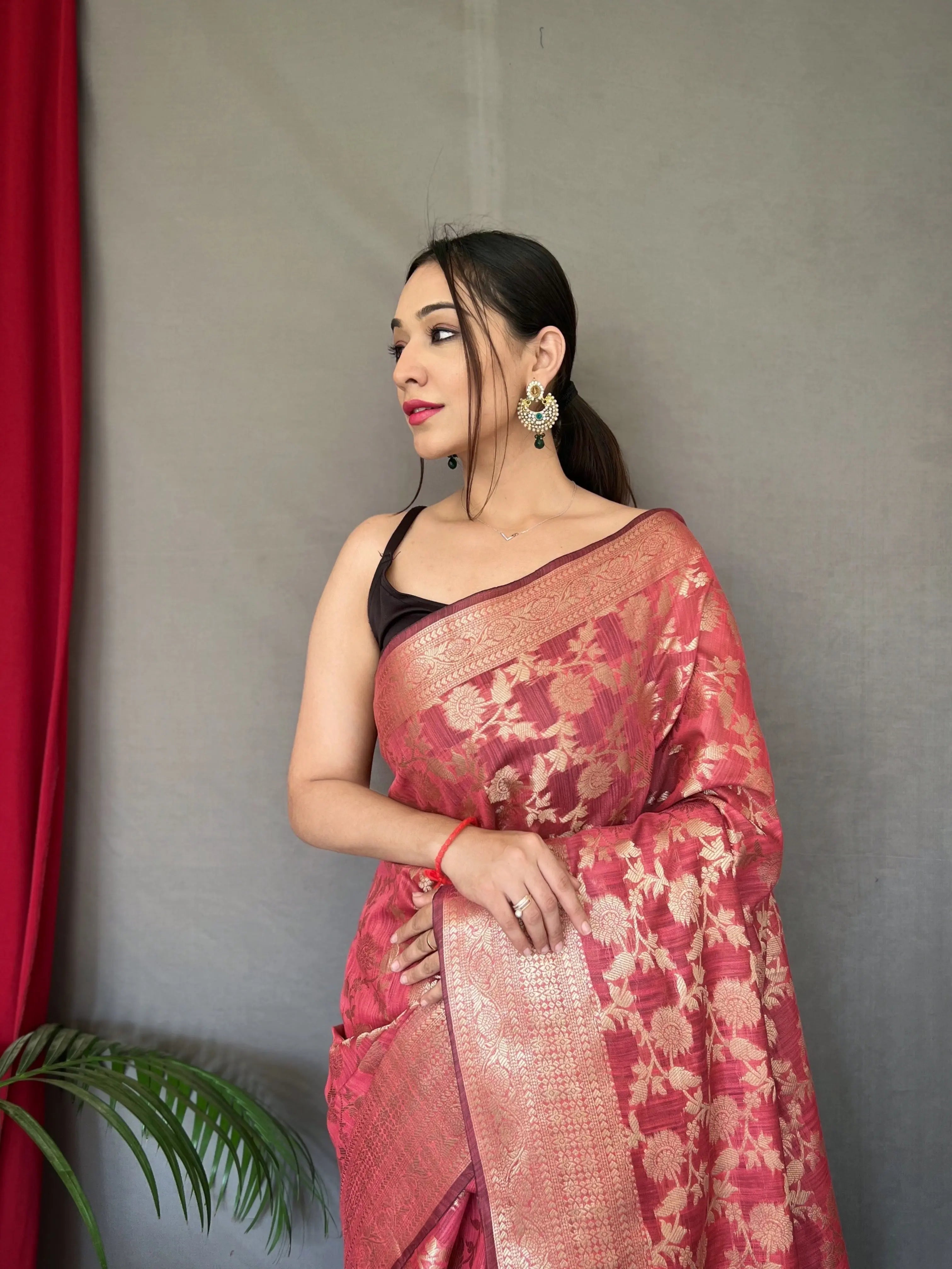 Indian Red Jhalak Cotton Linen Jaal Woven Saree - Colorful Saree