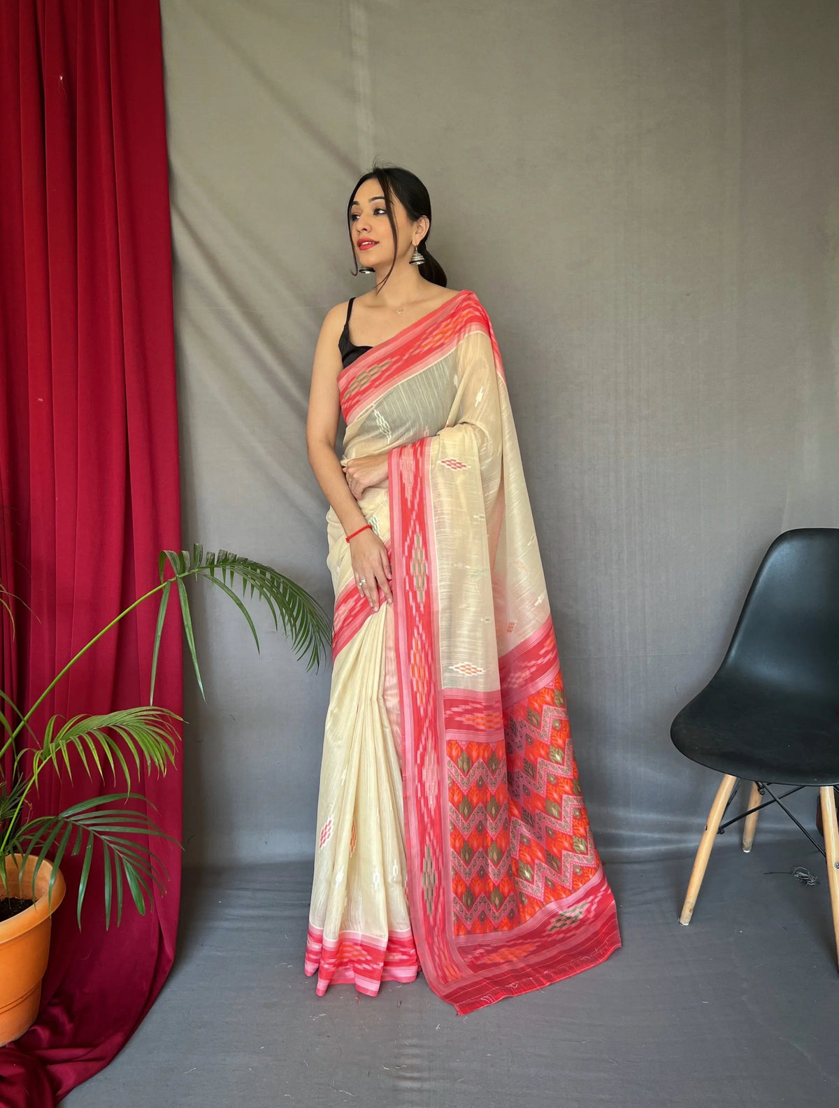 Ivory Cotton Ikat Woven Saree - Colorful Saree