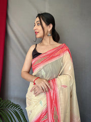 Ivory Cotton Ikat Woven Saree - Colorful Saree