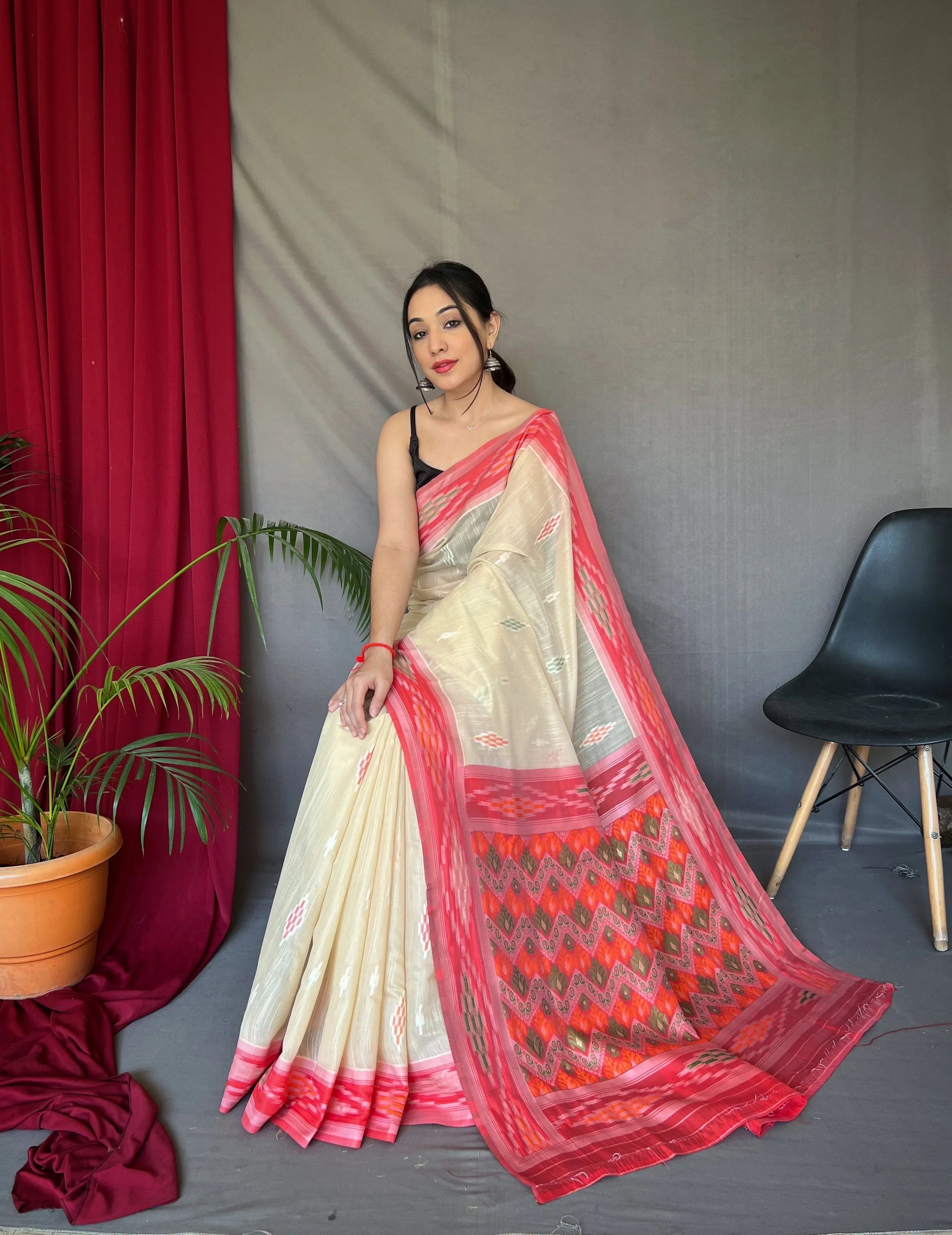 Ivory Cotton Ikat Woven Saree - Colorful Saree