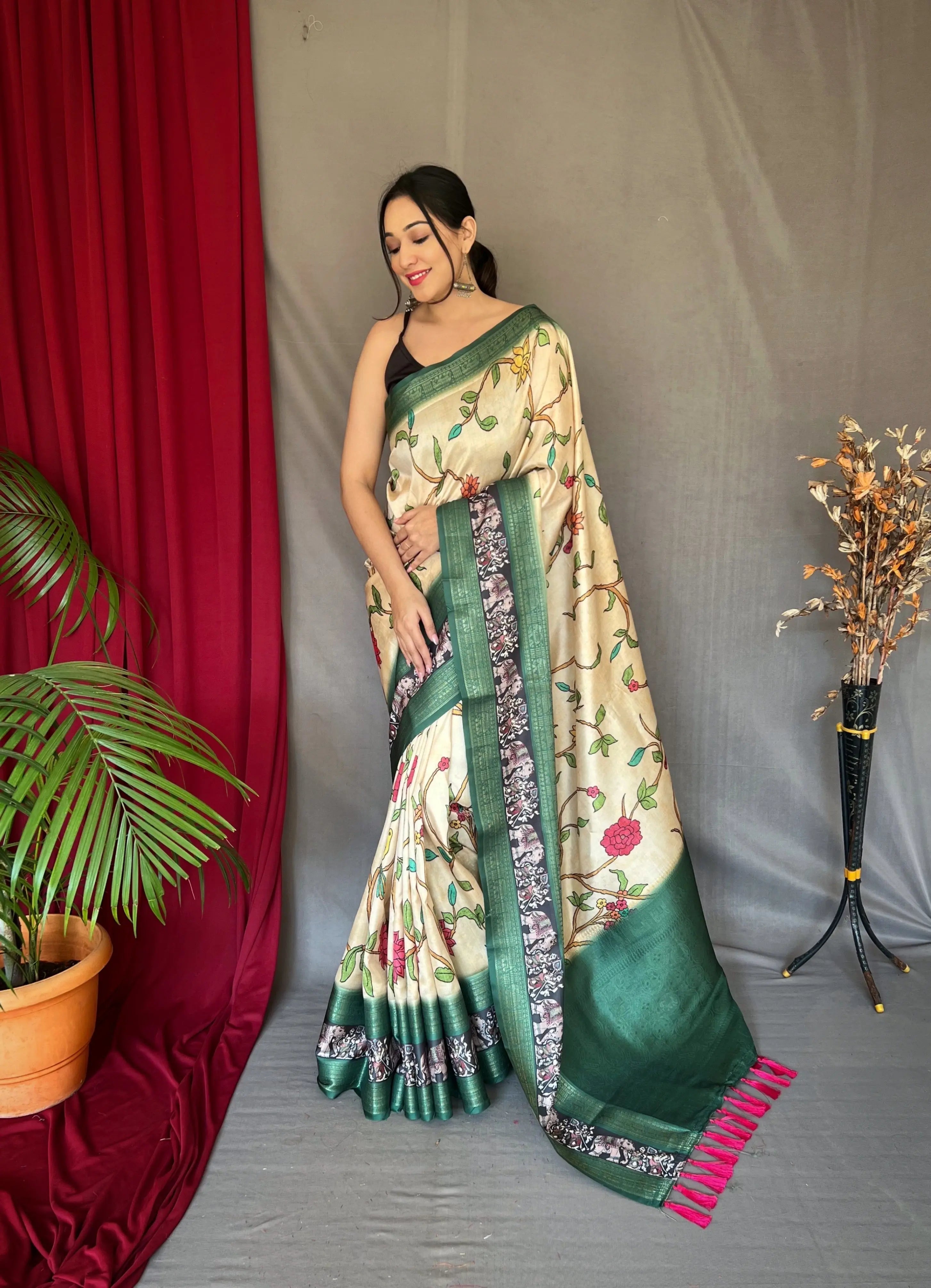 Ivory Saree in Banarasi Silk with Contrast Kalamkari Print - Colorful Saree