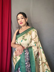 Ivory Saree in Banarasi Silk with Contrast Kalamkari Print - Colorful Saree