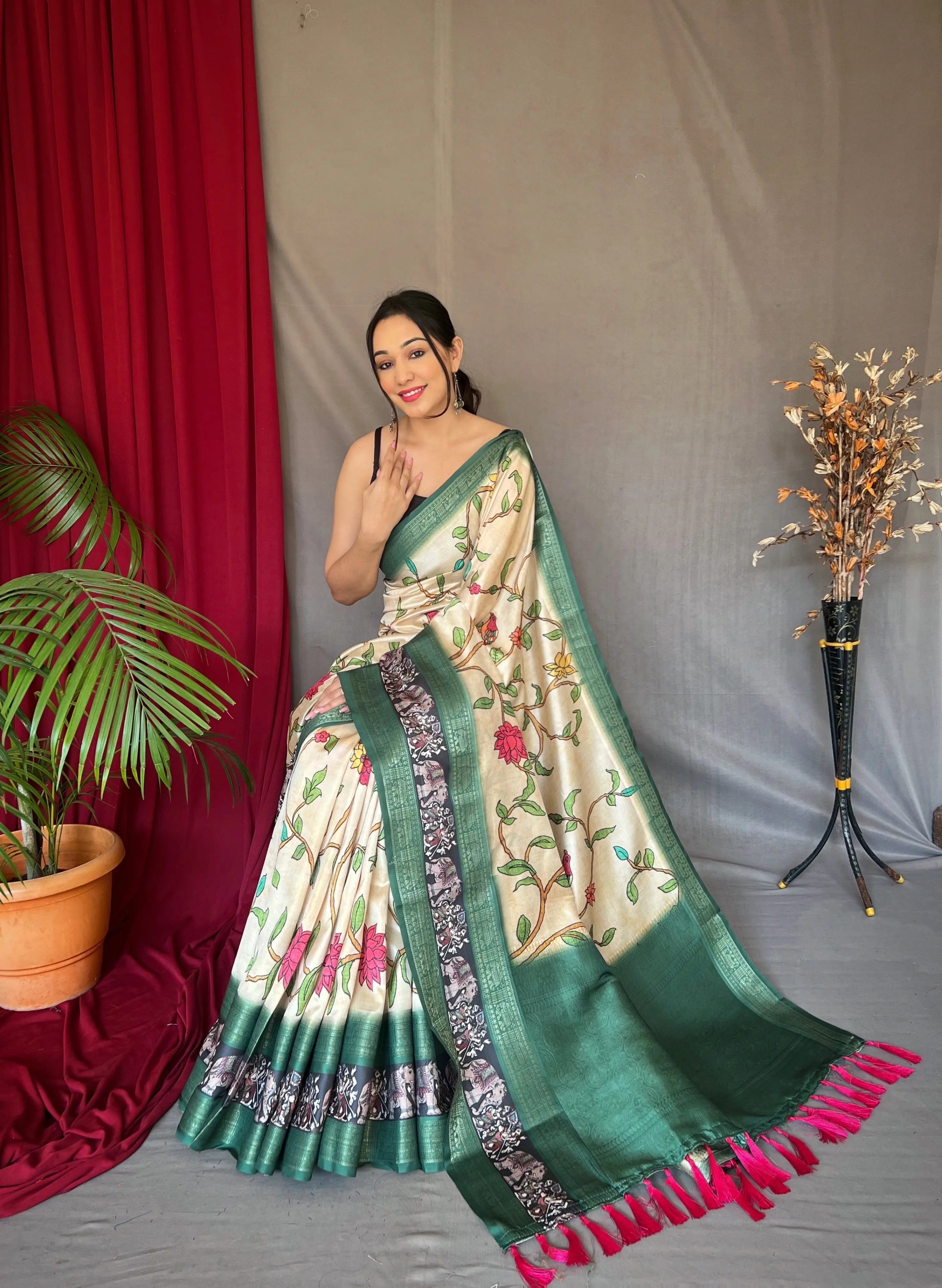 Ivory Saree in Banarasi Silk with Contrast Kalamkari Print - Colorful Saree