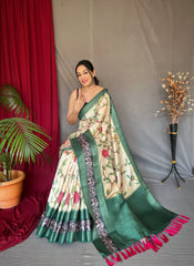 Ivory Saree in Banarasi Silk with Contrast Kalamkari Print - Colorful Saree