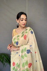 Ivory Shalini Cotton Jamdani Woven Saree - Colorful Saree