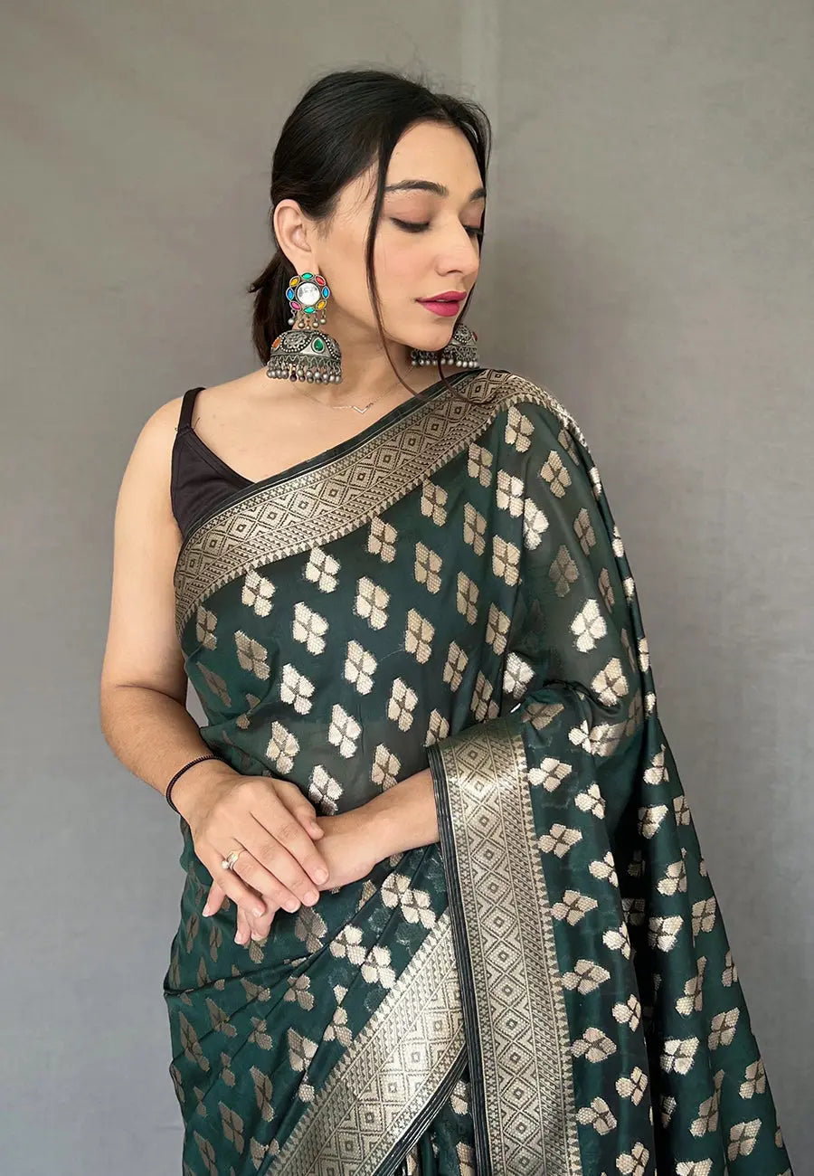 Jungle Green Madhubala Tabby Silk Rose Gold Zari Woven Saree - Colorful Saree