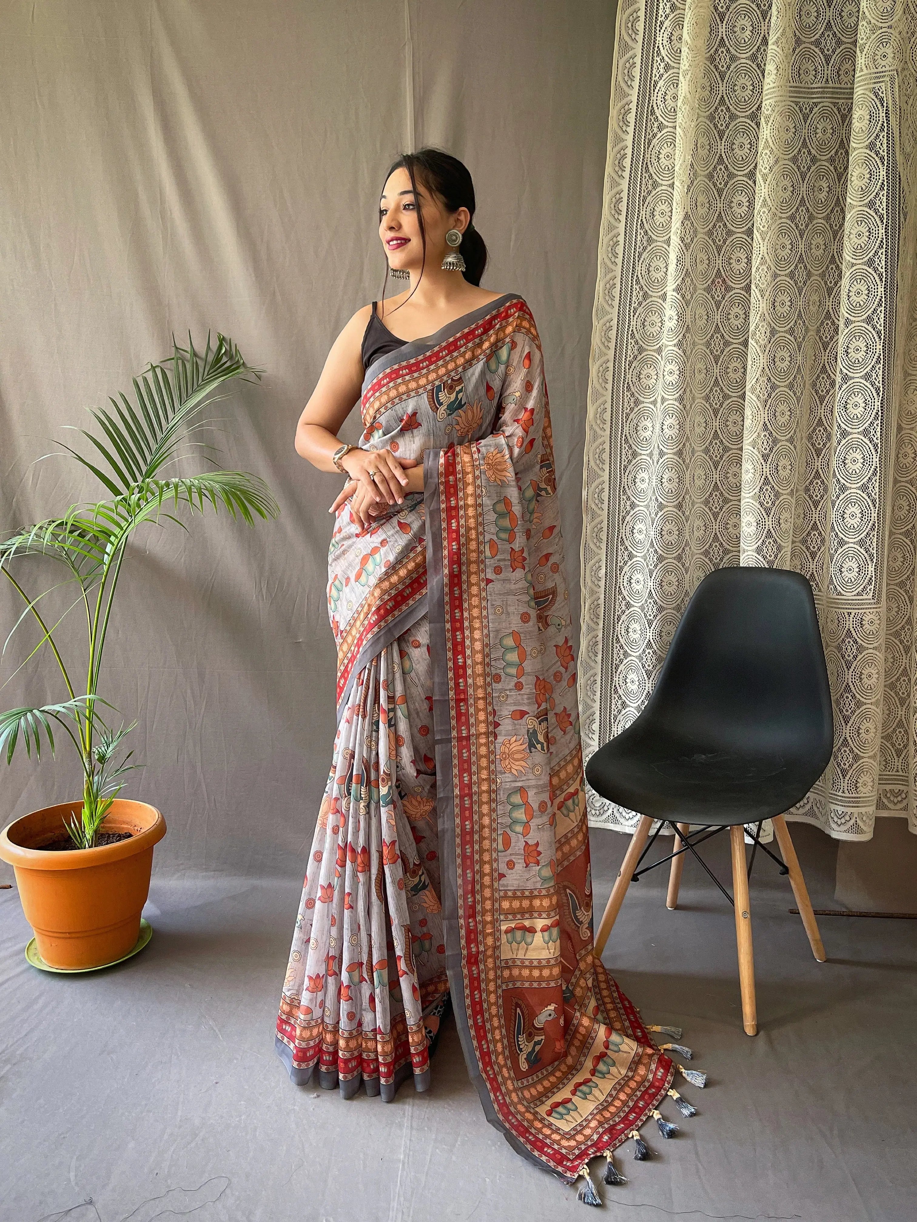 Kadambari Cotton Kalamkari Printed Saree Ash Grey - Colorful Saree