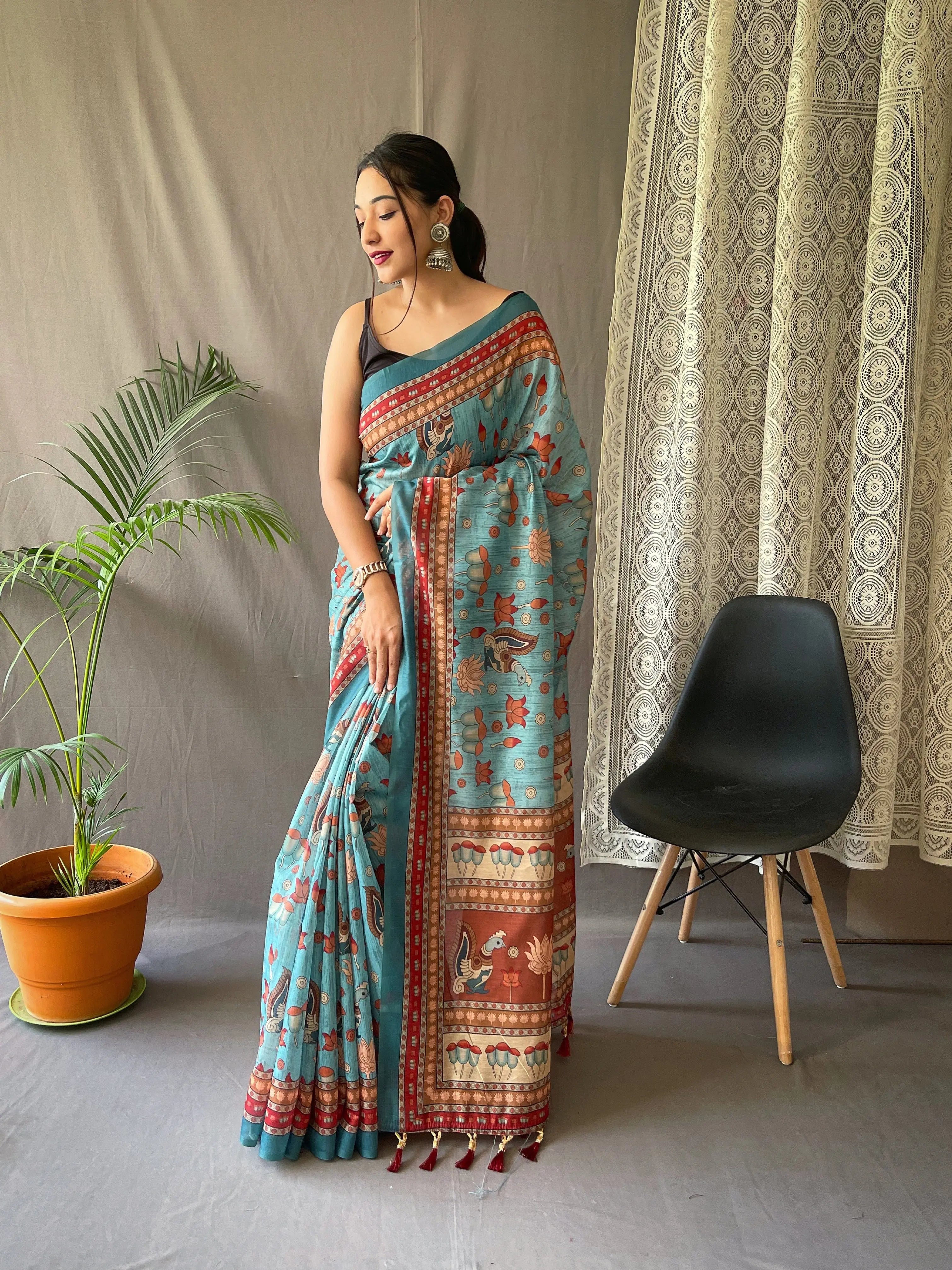 Kadambari Cotton Kalamkari Printed Saree Blue - Colorful Saree