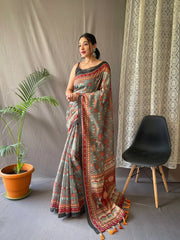 Kadambari Cotton Kalamkari Printed Saree Greenish Grey - Colorful Saree