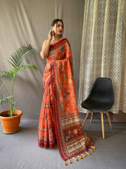 Kadambari Cotton Kalamkari Printed Saree Orange - Colorful Saree