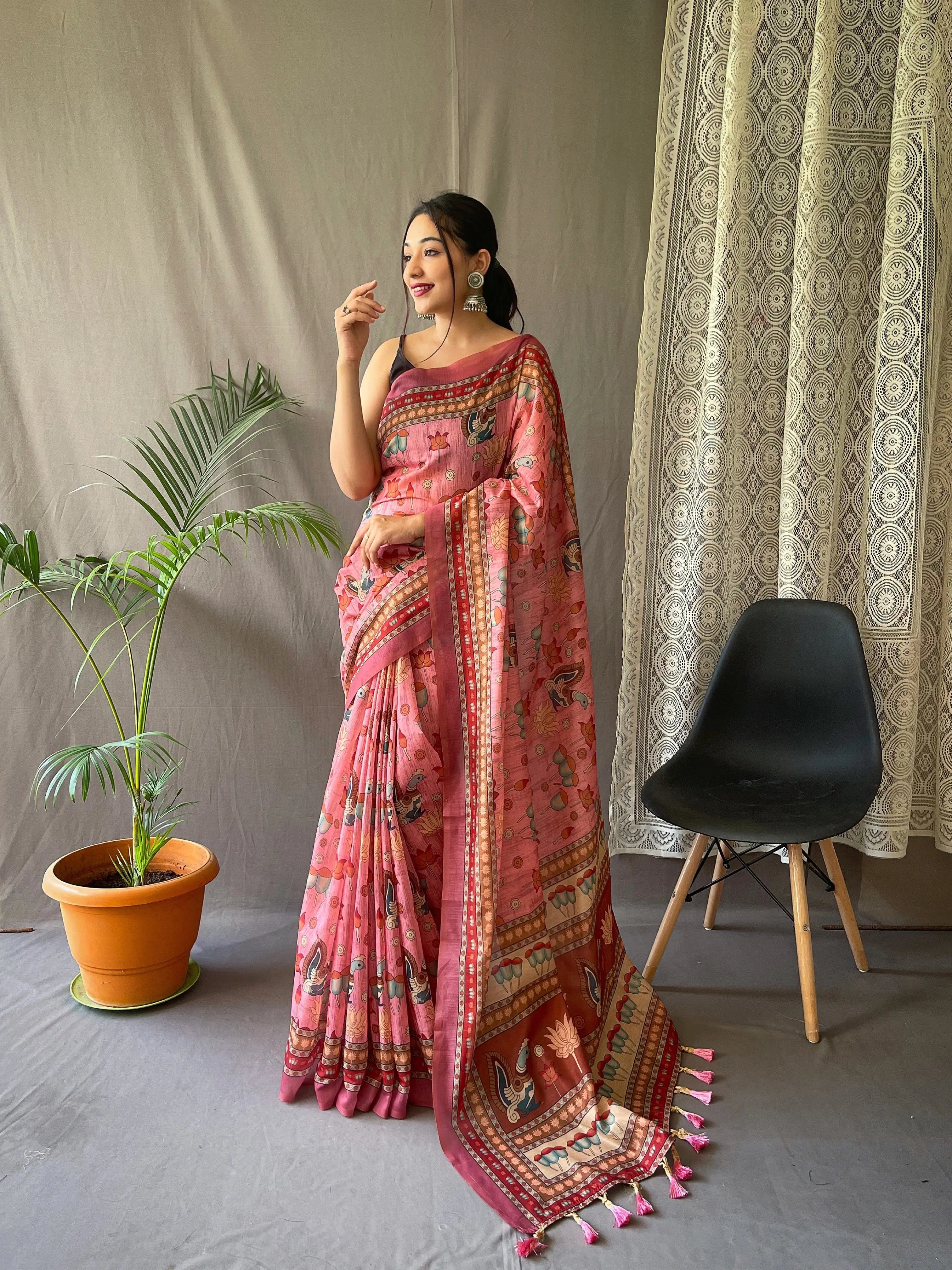 Kadambari Cotton Kalamkari Printed Saree Pink - Colorful Saree