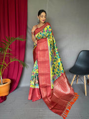 Kalamkari Gala Printed Woven Saree Greenish Yellow with Red - Colorful Saree