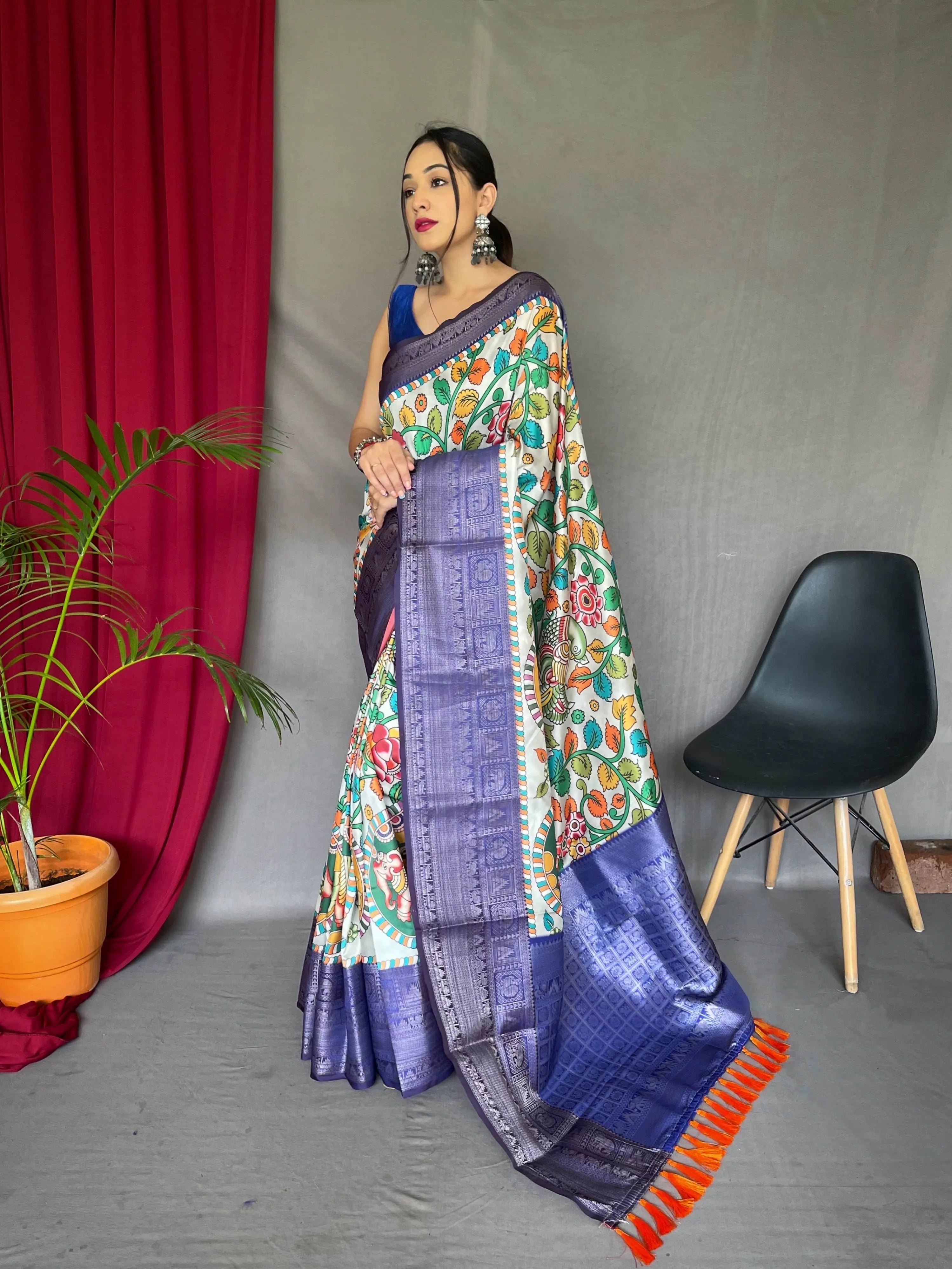 Kalamkari Gala Printed Woven Saree White Blue - Colorful Saree