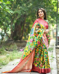 Kalamkari Gala Printed Woven Saree Yellow with Red - Colorful Saree