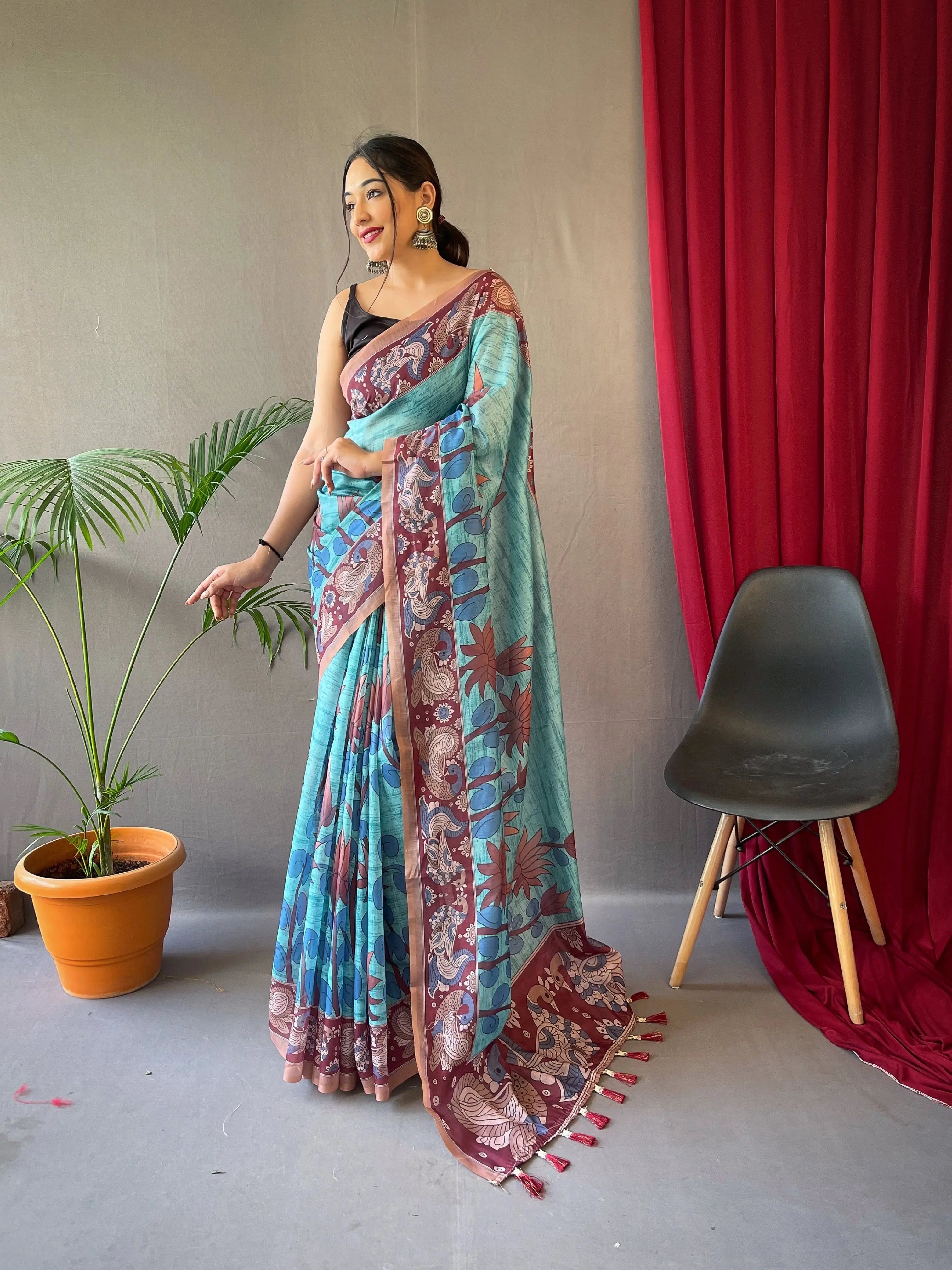 Kalanandi Cotton Kalamkari Printed Saree Blue - Colorful Saree