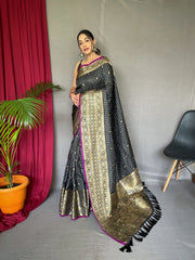 Kalindi Soft Silk Checks Woven Saree Black - Colorful Saree