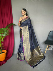 Kalindi Soft Silk Checks Woven Saree Dark Blue - Colorful Saree