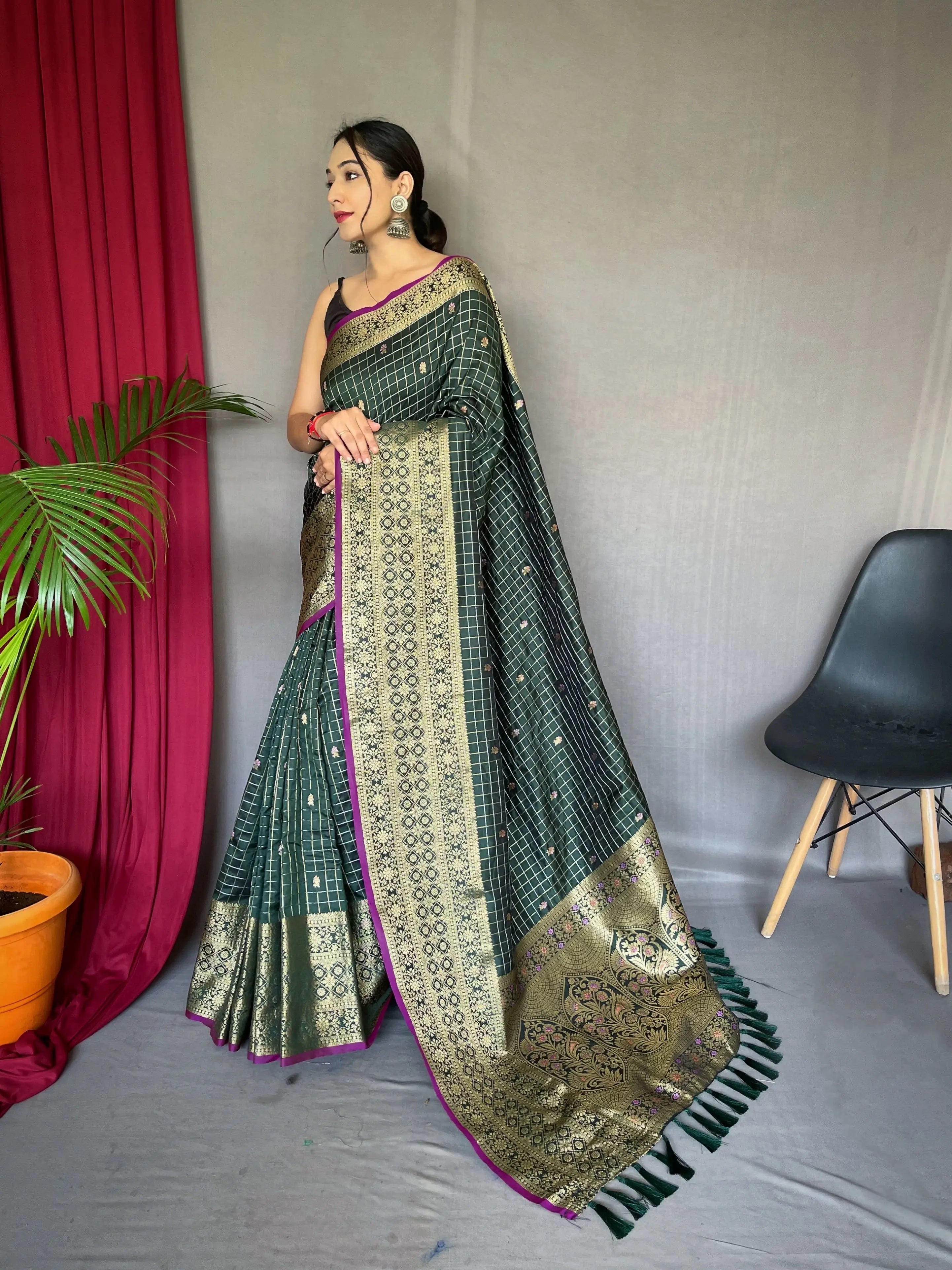 Kalindi Soft Silk Checks Woven Saree Dark Green - Colorful Saree