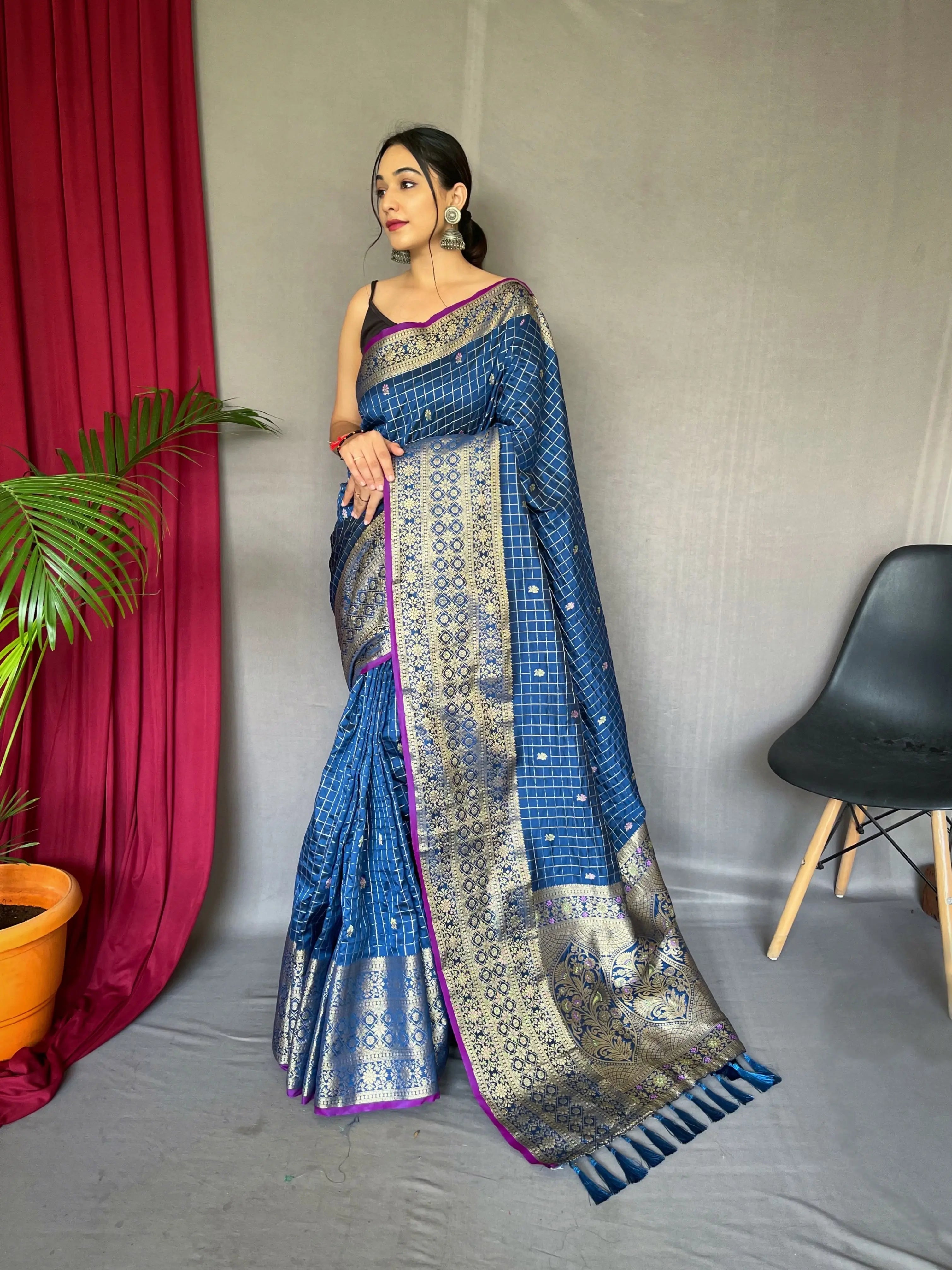 Kalindi Soft Silk Checks Woven Saree Dusk Blue - Colorful Saree