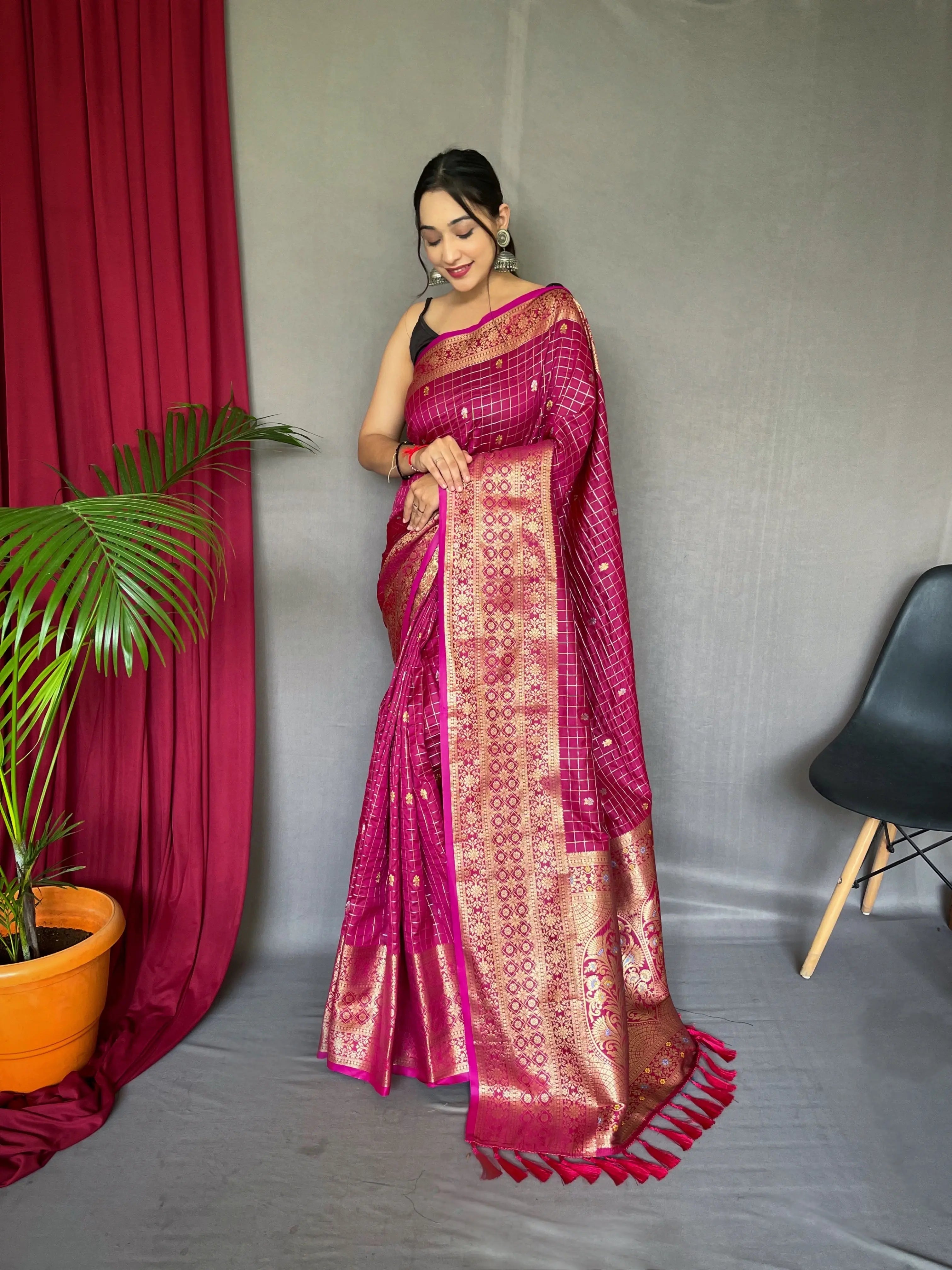 Kalindi Soft Silk Checks Woven Saree Hibiscus Pink - Colorful Saree