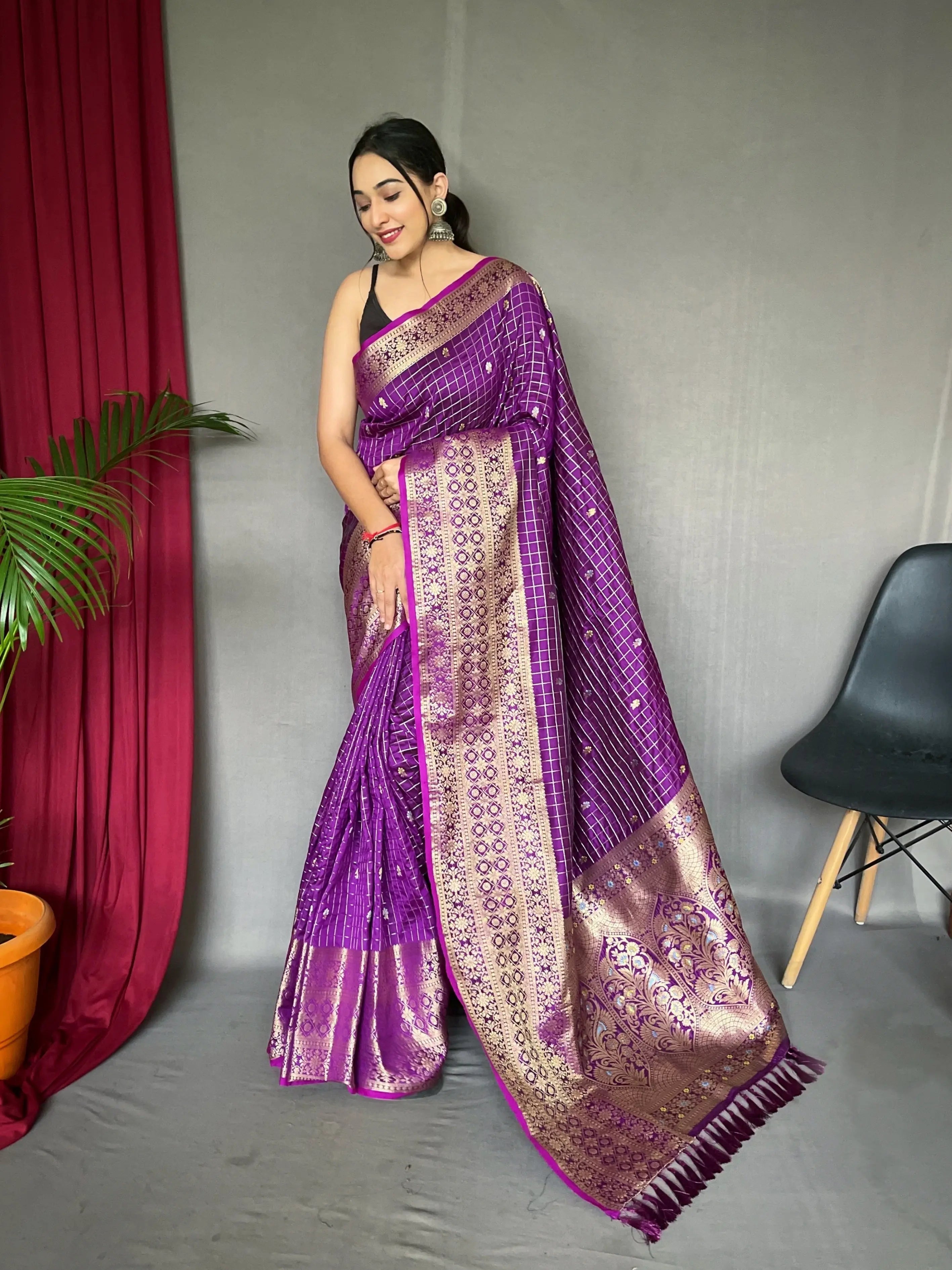 Kalindi Soft Silk Checks Woven Saree Purple Jam - Colorful Saree