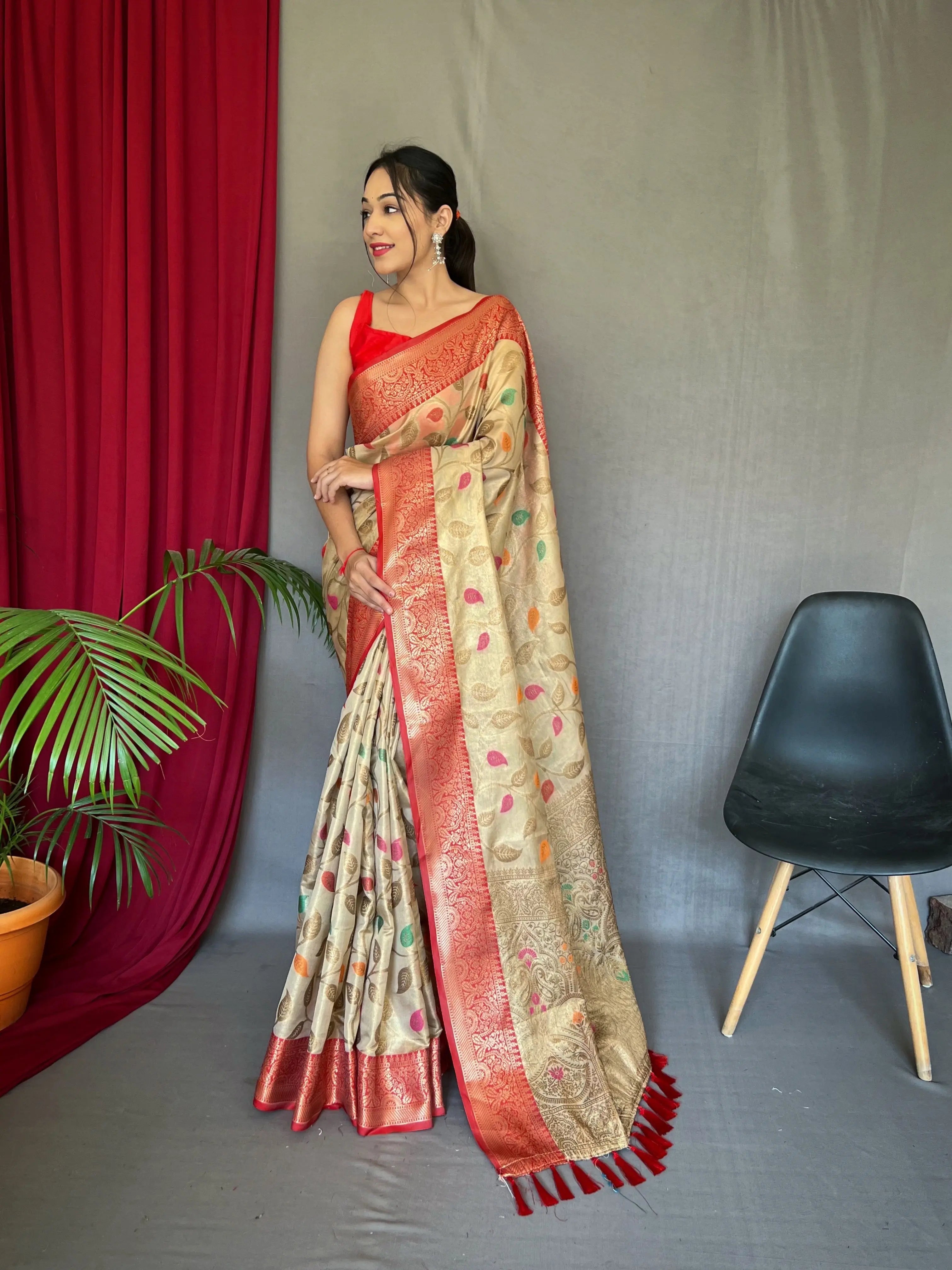 Kanjeevaram Tissue Silk Sitara Jaal Meenakari Woven Saree Cream - Colorful Saree