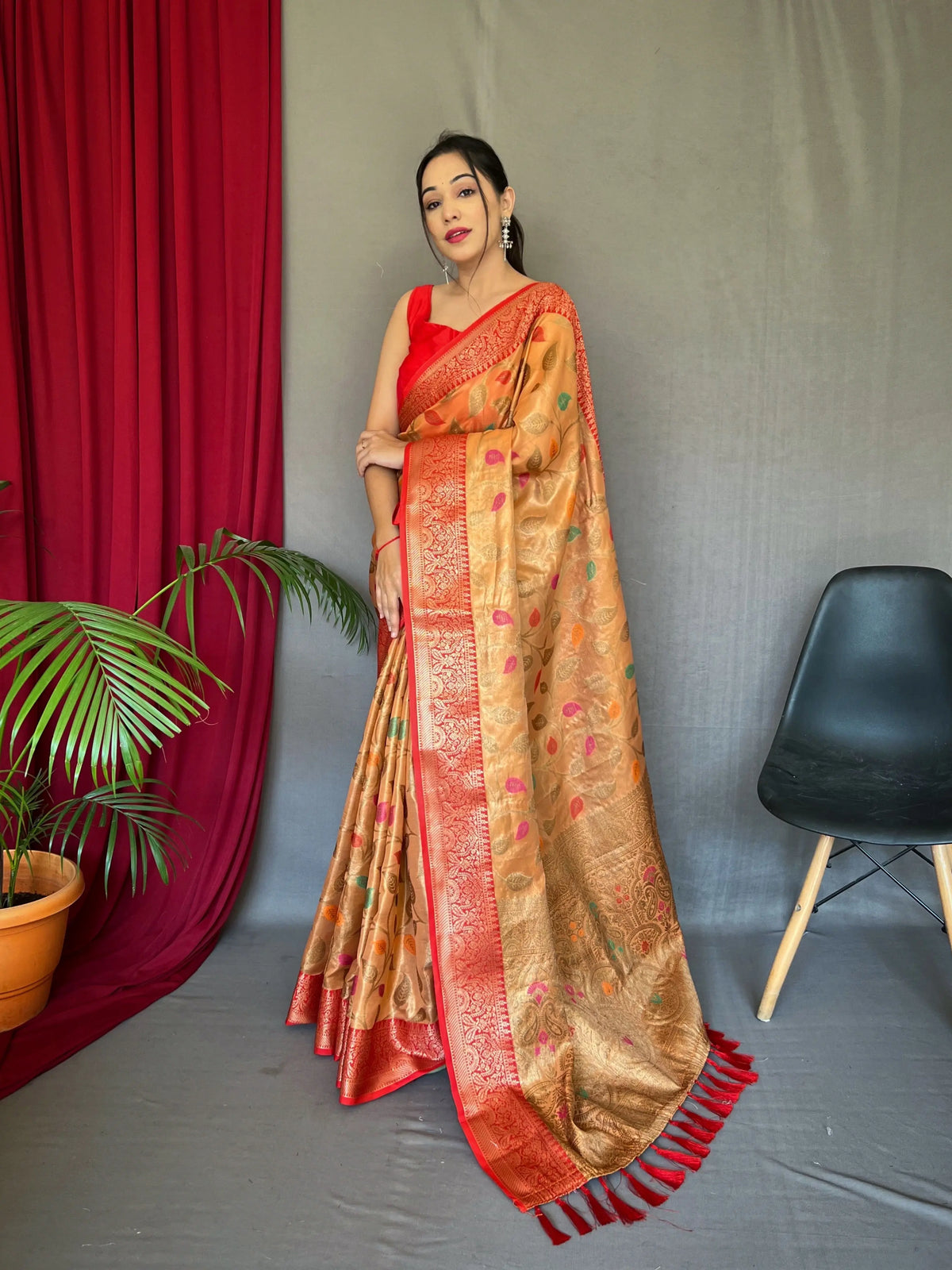Kanjeevaram Tissue Silk Sitara Jaal Meenakari Woven Saree Dusty Orange - Colorful Saree