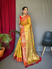 Kanjeevaram Tissue Silk Sitara Jaal Meenakari Woven Saree Orange Gold - Colorful Saree