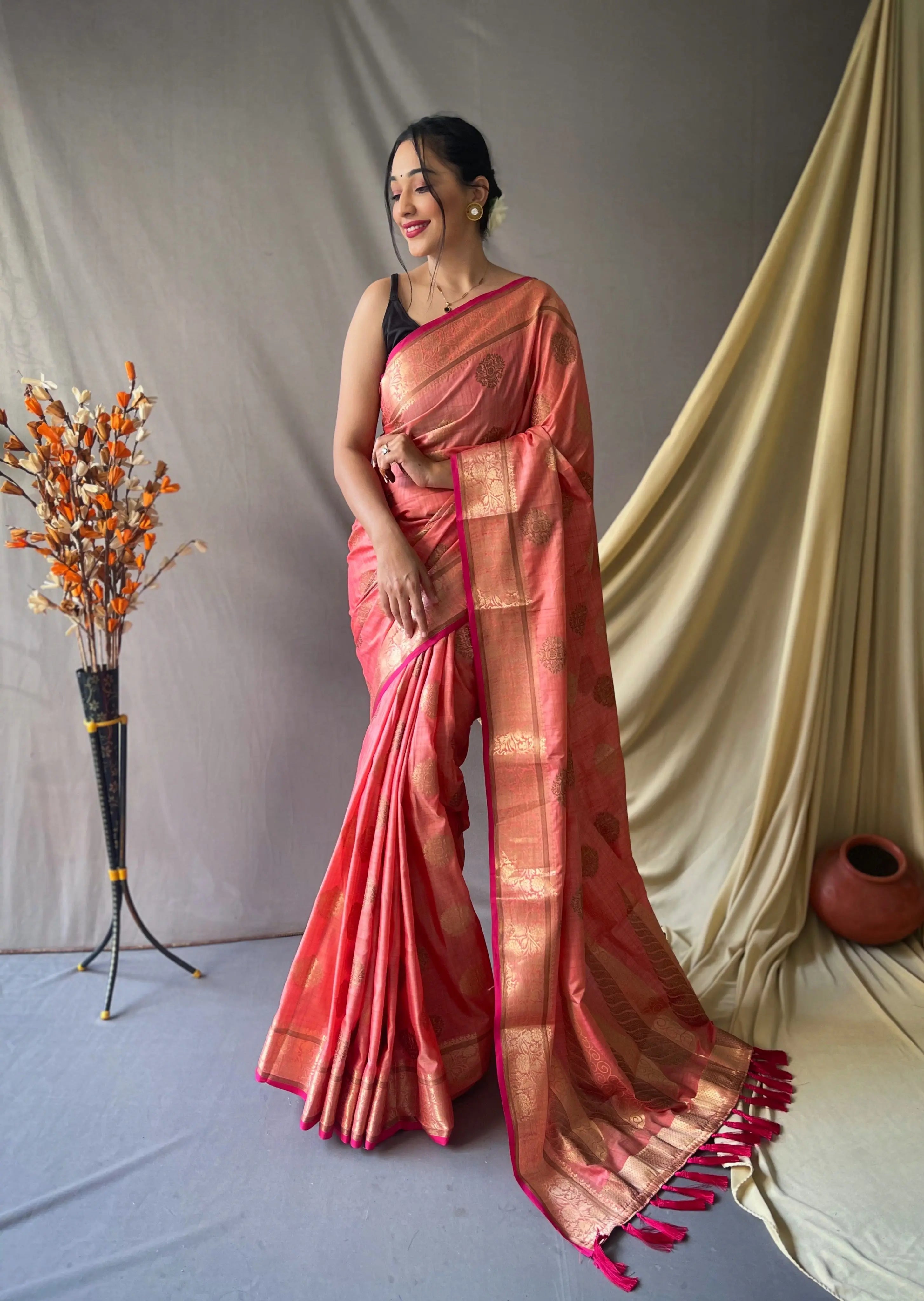 Kasturi Cotton Woven Saree Salmon Pink - Colorful Saree