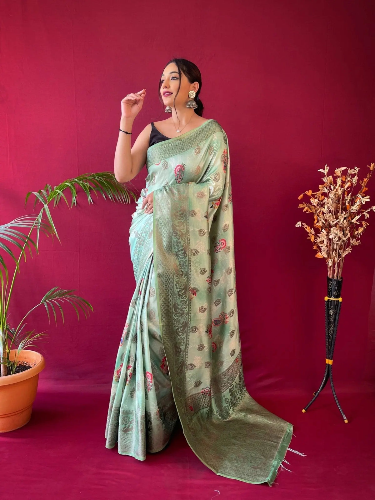 Kesariya Soft Silk Floral Printed Woven Saree Light Green - Colorful Saree