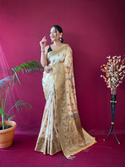 Kesariya Soft Silk Floral Printed Woven Saree Light Yellow - Colorful Saree